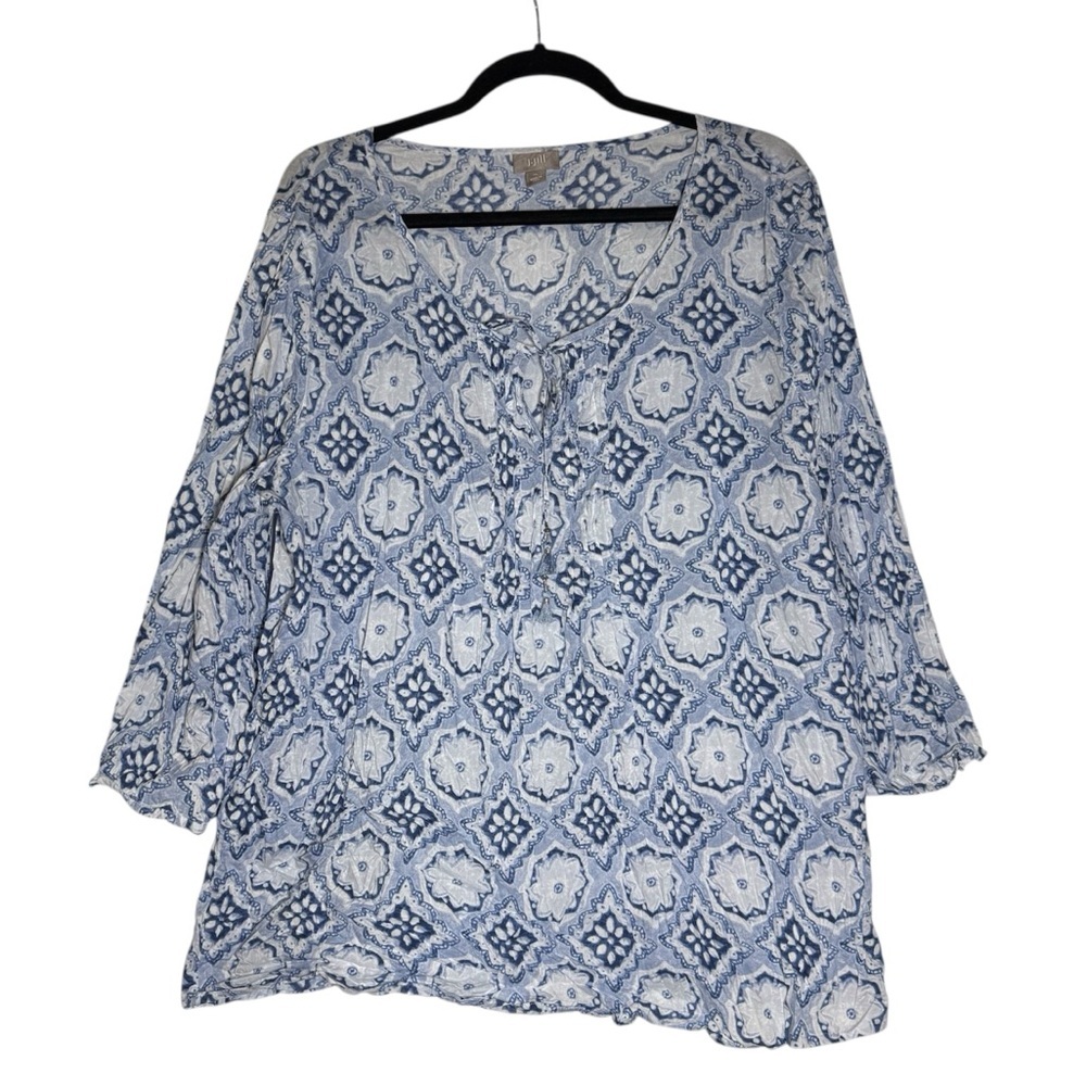 J. Jill Blue and White Patterned Tunic Boho Size XL 3/4 Sleeve Scoop Neck